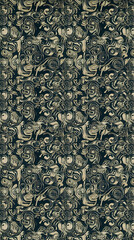 Abstract swirling pattern design, dark background, beige swirls, fabric print, textile design