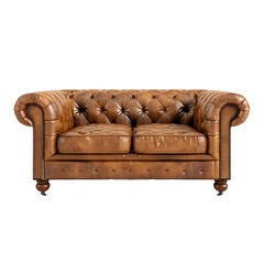 Tan Leather Chesterfield Sofa Furniture with Tufted Detailing on White Backdrop