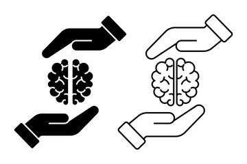 Vector isolated Brain in Hand icon set in black outline and fill