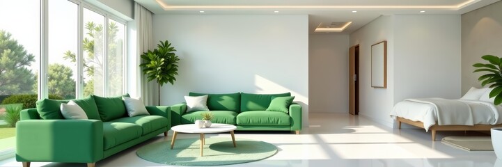 Luxurious white living room with contemporary green sofa and bedroom area, comfortable, modern, clean