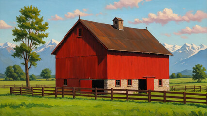 Red barn in a peaceful countryside setting with mountains in the background, vibrant colors