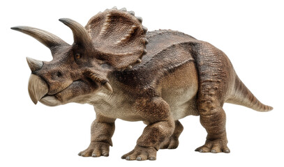 Fototapeta premium Realistic Triceratops Dinosaur Model with Detailed Brown Scales and Characteristic Three-Horned Skull Side View Photography Isolated on Transparent and White Background