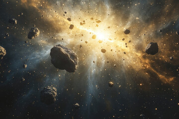 A cosmic explosion disperses asteroid fragments across a nebula, creating a vibrant spectacle of celestial debris and radiating light.