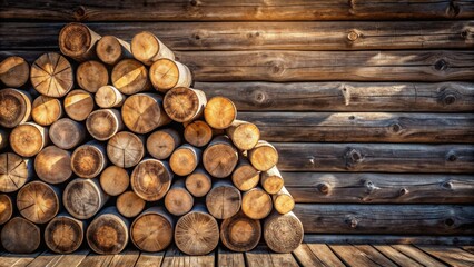 A rustic pile of neatly stacked logs rests against a weathered log cabin wall