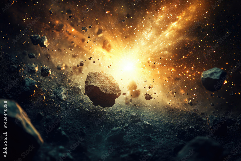 Poster a celestial explosion amidst a field of asteroids, a cosmic spectacle of light and debris.