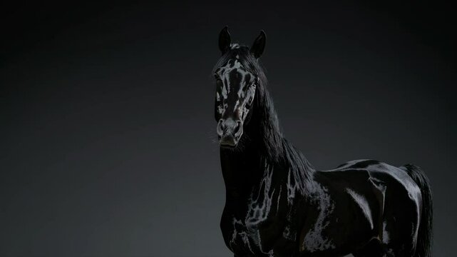 A dramatic side-angle shot of a glossy black horse against a dark background, emphasizing elegance and power, suitable for a cinematic video. Live desktop wallpaper.