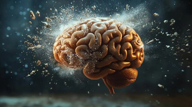 Exploding brain illustration with particles in a dark, dramatic background