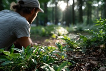 Fototapeta premium A contemplative individual engages with nature in a peaceful forest setting, emphasizing the importance of connecting with the environment for mental clarity and relaxation.
