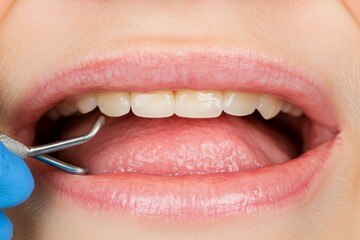 Naklejka premium Dental mirror in use for a close-up tooth examination on a smiling young girl