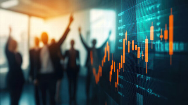 Corporate team celebrating financial milestone with stock market graphs in background