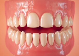 Three-dimensional representation of a jaw with a missing front tooth on top and a missing third tooth on the bottom, all on white