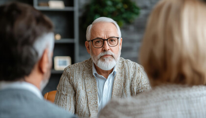 Experienced financial consultant discussing retirement plans with clients, showcasing