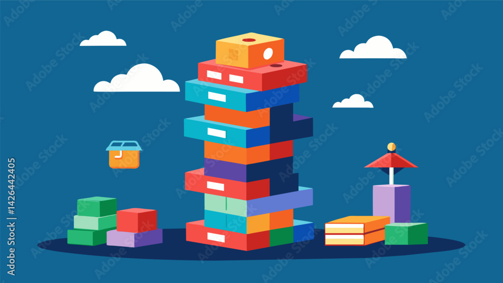 Poster a game of jenga with the blocks labeled as different expenses housing groceries etc. showing how stu