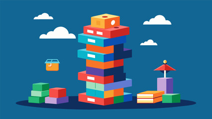 A game of Jenga with the blocks labeled as different expenses housing groceries etc. showing how student loan debt can affect ones ability to balance. Vector illustration - obrazy, fototapety, plakaty