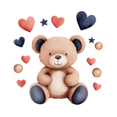 Cute teddy bear surrounded by colorful hearts and stars. isolated against a transparent background.