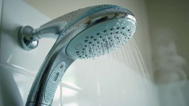 Close-up of a modern shower head turning on, spraying water in a tiled bathroom. Useful for hygiene visuals, bathroom product ads, water usage concepts. The simple ritual of cleansing. 4k 60 fps