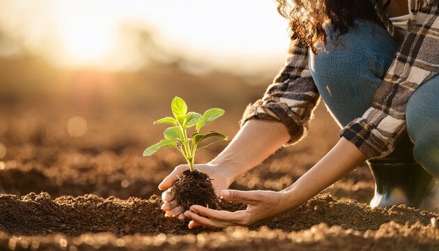 farmer s hands planting seedling in regenerative agriculture field close up shot sustainable farming and eco friendly agriculture concept