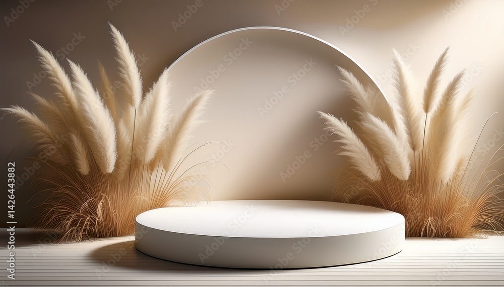 Aufkleber elegant display a minimalist composition featuring a white circular podium and backdrop adorned with
