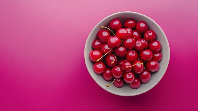 Fresh cherries in a bowl on a vibrant pink background, ideal for food photography