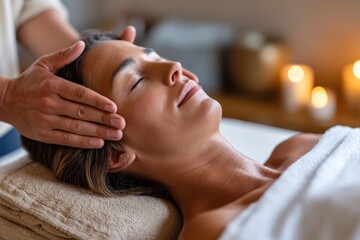 A woman experiencing a blissful facial treatment, reflecting relaxation and well-being, as she enjoys the calming influence of hands on her head in a soothing atmosphere.