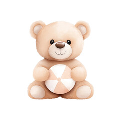 Cute teddy bear toy sitting with a beach ball, perfect for kids. isolated against a transparent background.