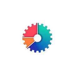 A vibrant gear icon with segmented colors representing creativity and innovation, set against a simple background, ideal for tech and design themes , isolated on white or transparent png