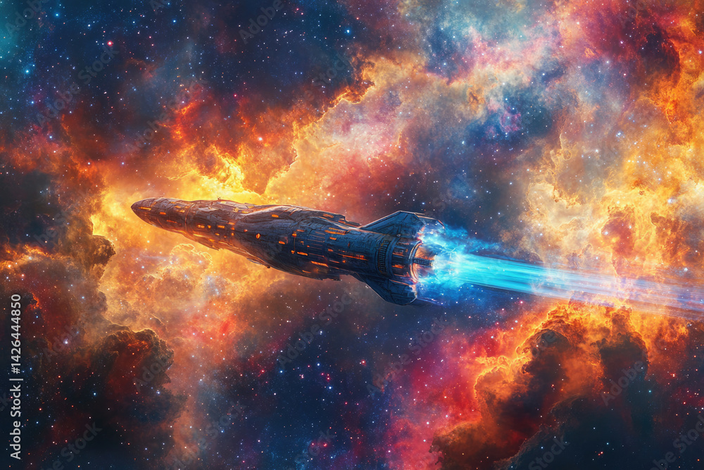 Poster a futuristic spaceship streaks through a vibrant nebula, its engines blazing a trail of light.