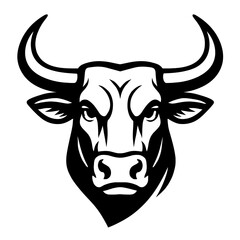 Vector illustration of a bull's head with large horns in black and white. Represents strength, power, and determination.
