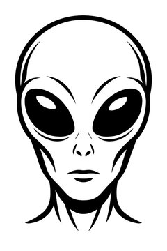 Vector illustration of a classic alien head with large eyes in black and white. Represents extraterrestrial life, science fiction, and the unknown.