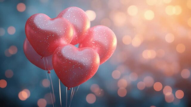 Romantic Hearts: A cluster of heart-shaped balloons floats gracefully, conveying the tender emotions and sentiments of love and adoration. Embracing the feelings of tenderness and affection.