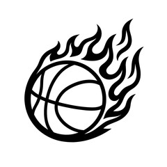 Vector illustration of a basketball surrounded by flames in black and white. Represents basketball, sports, and intense action. © Mr. Designer