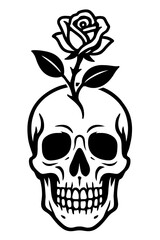 Vector illustration of a human skull with a rose growing out of its head in black and white. Represents the duality of life and death, beauty and decay.