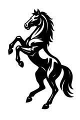 Vector illustration of a black horse rearing up on its hind legs with flowing mane and tail. Represents strength, freedom, and majesty.