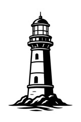Vector illustration of a lighthouse standing on rocks in black and white. Represents guidance, safety, and the sea.