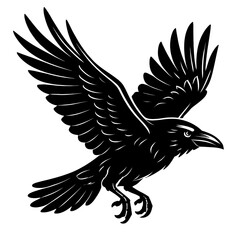 Vector illustration of a black crow in flight with its wings spread. Represents wildlife, birds, and a simple graphic.