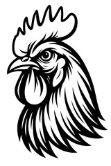 Vector illustration of a rooster's head in black and white with a detailed comb and wattle, showing a determined expression. Represents poultry, farm animals, and a bold graphic style.
