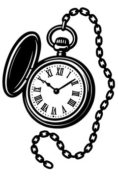 recommend clip art: Vector illustration of a classic pocket watch in black and white with an open cover, Roman numerals, and a chain. Represents time, vintage style, and historical objects.