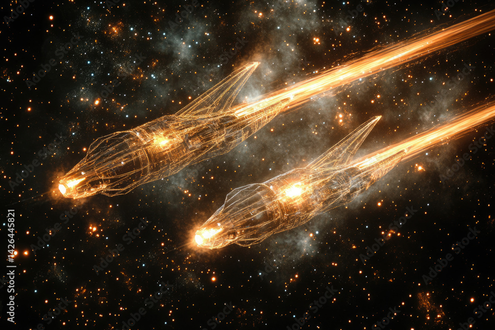 Poster two futuristic spaceships leave glowing trails while traversing a star-filled galaxy.