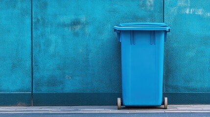 Blue trash receptacle against a teal wall