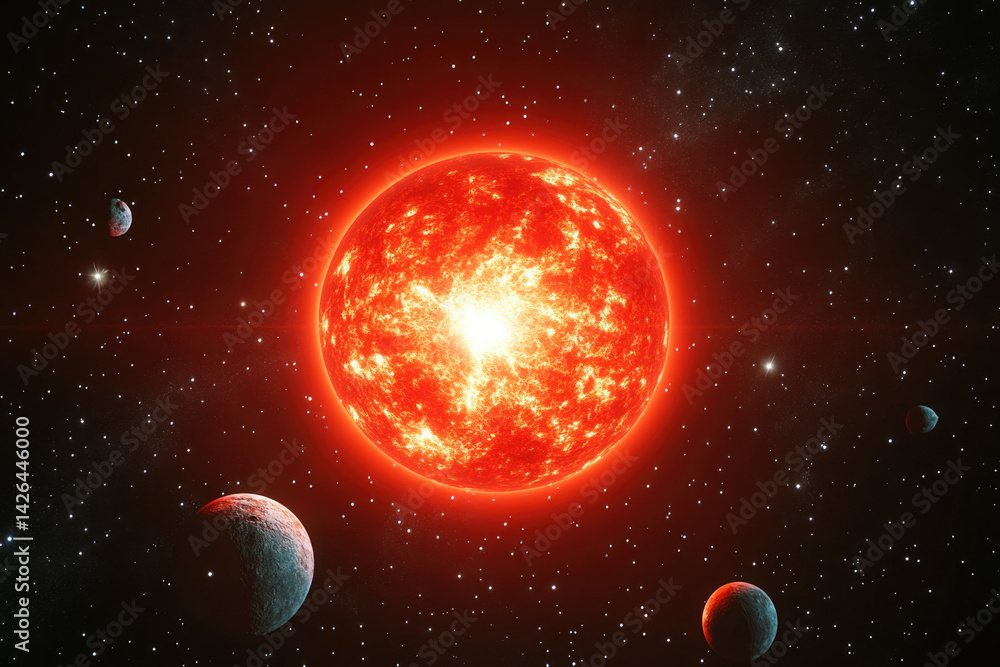 Poster a fiery red giant star dominates the cosmic scene, orbited by several smaller planets in a dark, sta