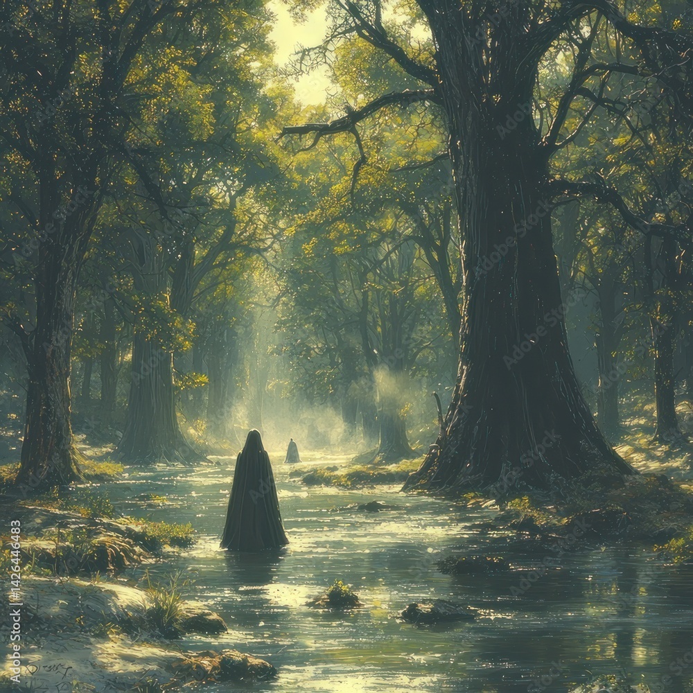 Poster figures walking through forest stream with trees and sunlight
