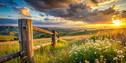 Fototapeta premium Golden Hour Serenity Rolling Hills, Wildflowers, and a Rustic Fence at Sunset