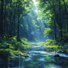 Obraz premium Tranquil Forest Stream with Sun Rays Streaming Through Green Canopy