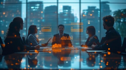 Silhouetted business team meeting at night in a modern office, city lights blurred in the background.