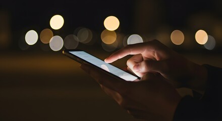 Señalar con el dedo en la pantalla del teléfono, primer plano, persona enviando mensajes de texto, hipster tocando la pantalla azul en el teléfono inteligente, luz de la ciudad de noche, chicas usando