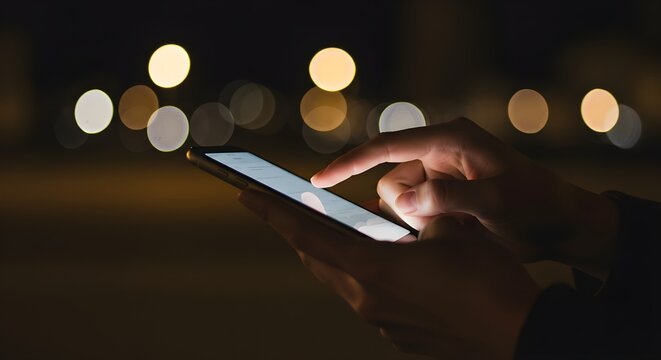 Se&ntilde;alar con el dedo en la pantalla del tel&eacute;fono, primer plano, persona enviando mensajes de texto, hipster tocando la pantalla azul en el tel&eacute;fono inteligente, luz de la ciudad de noche, chicas usando