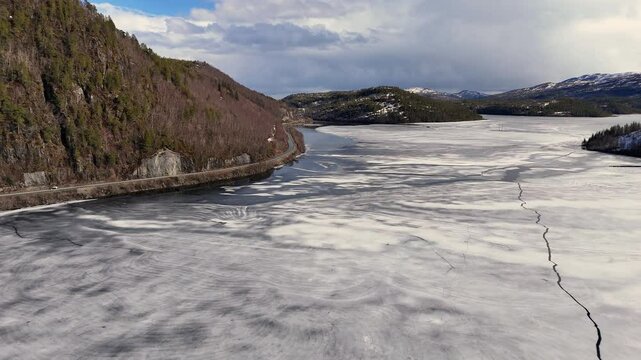 Aerial view of lake Vasslivatnet in the mountains in Norway