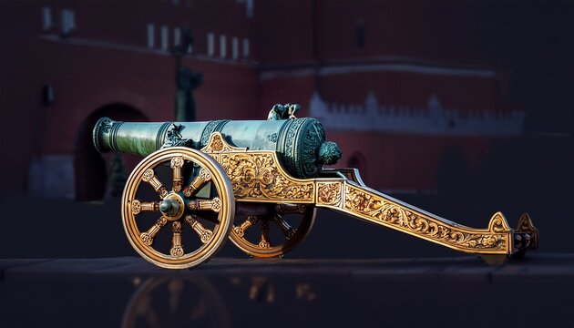 detail of luxury tsar cannon king of cannons in moscow kremlin russia ornate gun carriage and wheels old vintage landmark