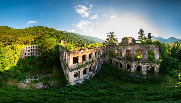 ruins of starcase in abandoned akarmara town tkvarcheli city abkhazia old destroyed building overgrown by greenery in summer concept of war architecture