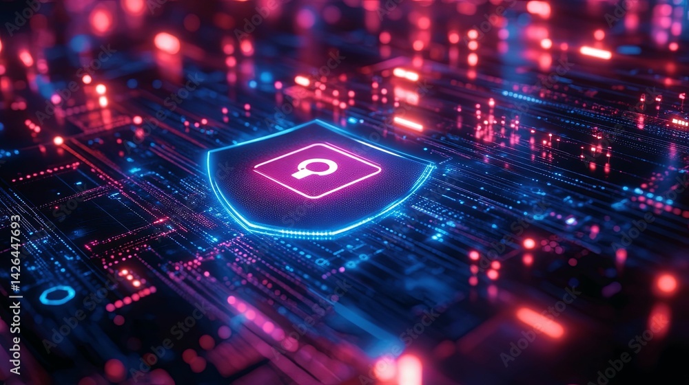 Poster digital shield with search icon over complex circuit board.